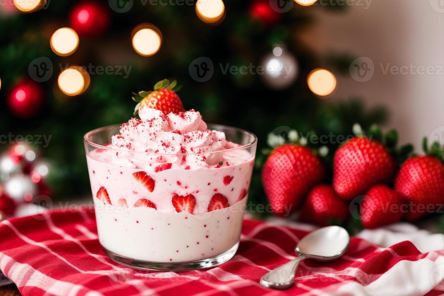 Strawberry yogurt in a white bowl.Yogurt with fresh blackberries, raspberries. photo