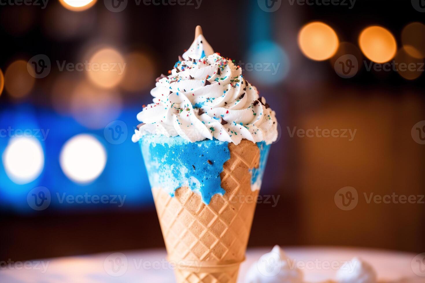 delicious Ice cream cone with chocolate and whipped cream on a wooden table. sweet food. photo