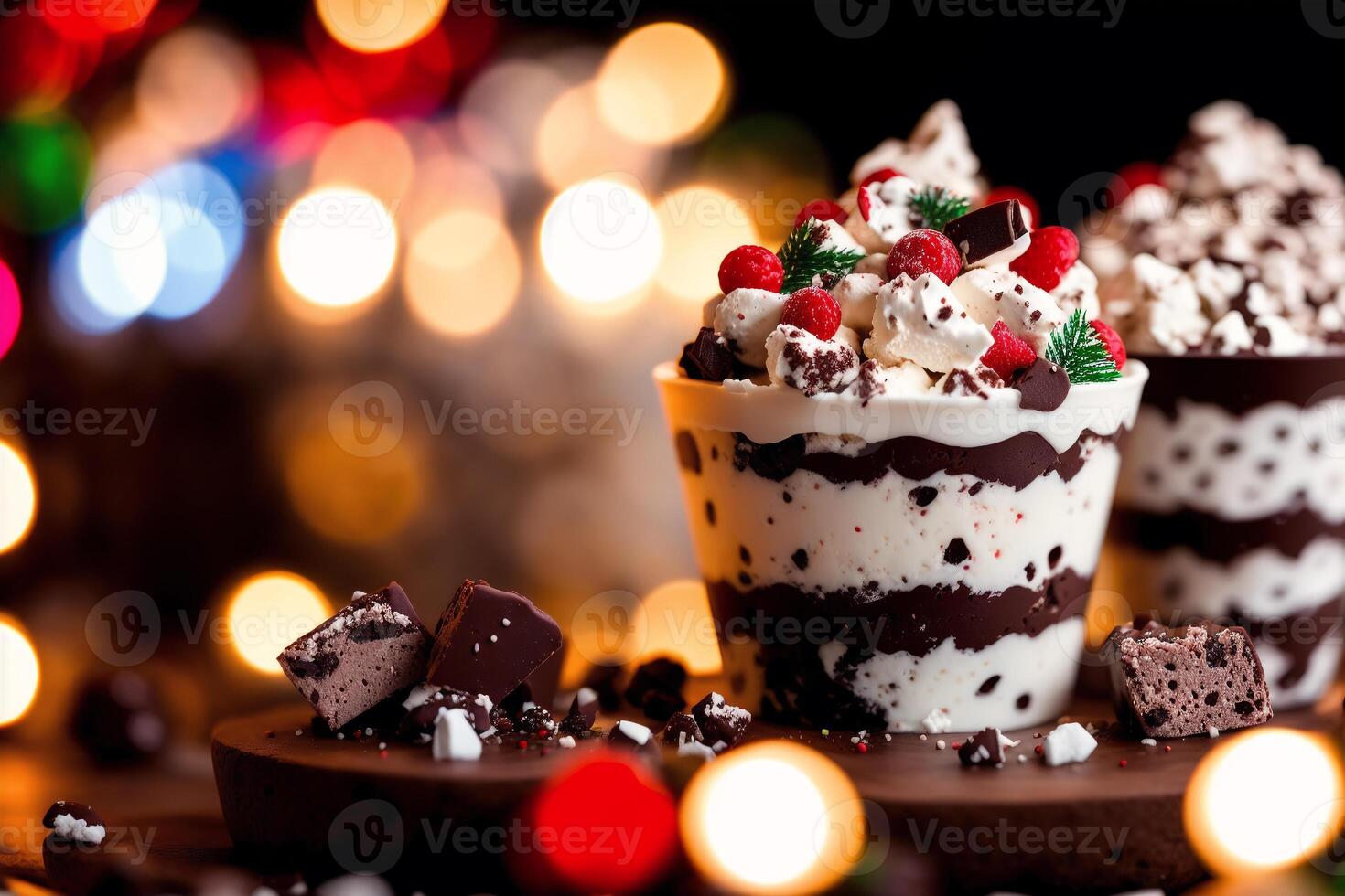 delicious Ice cream cone with chocolate and whipped cream on a wooden table. sweet food. photo