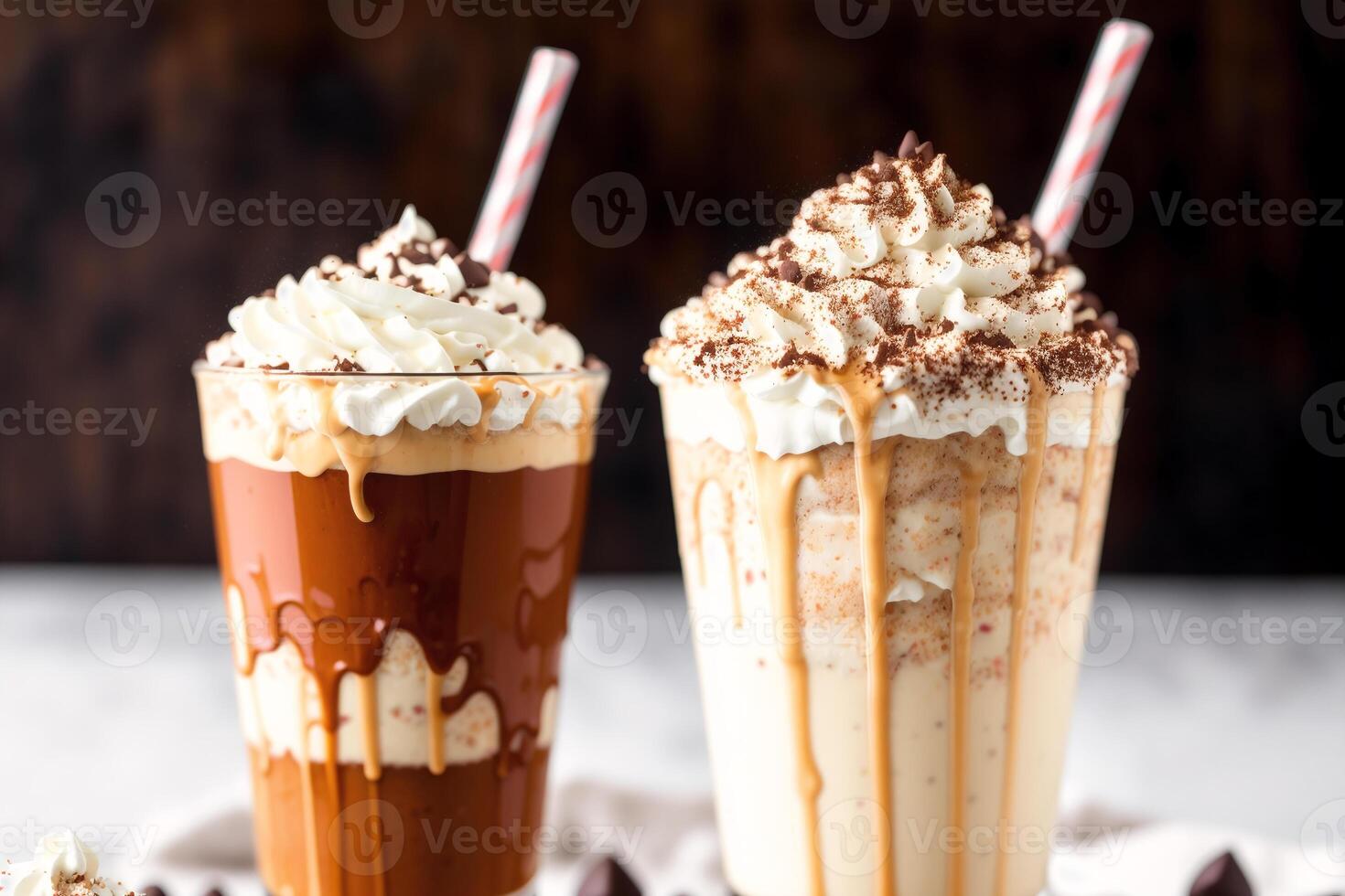 A glass of milkshake with whipped cream and blackberries.Strawberry milkshake, Raspberry milkshake. photo