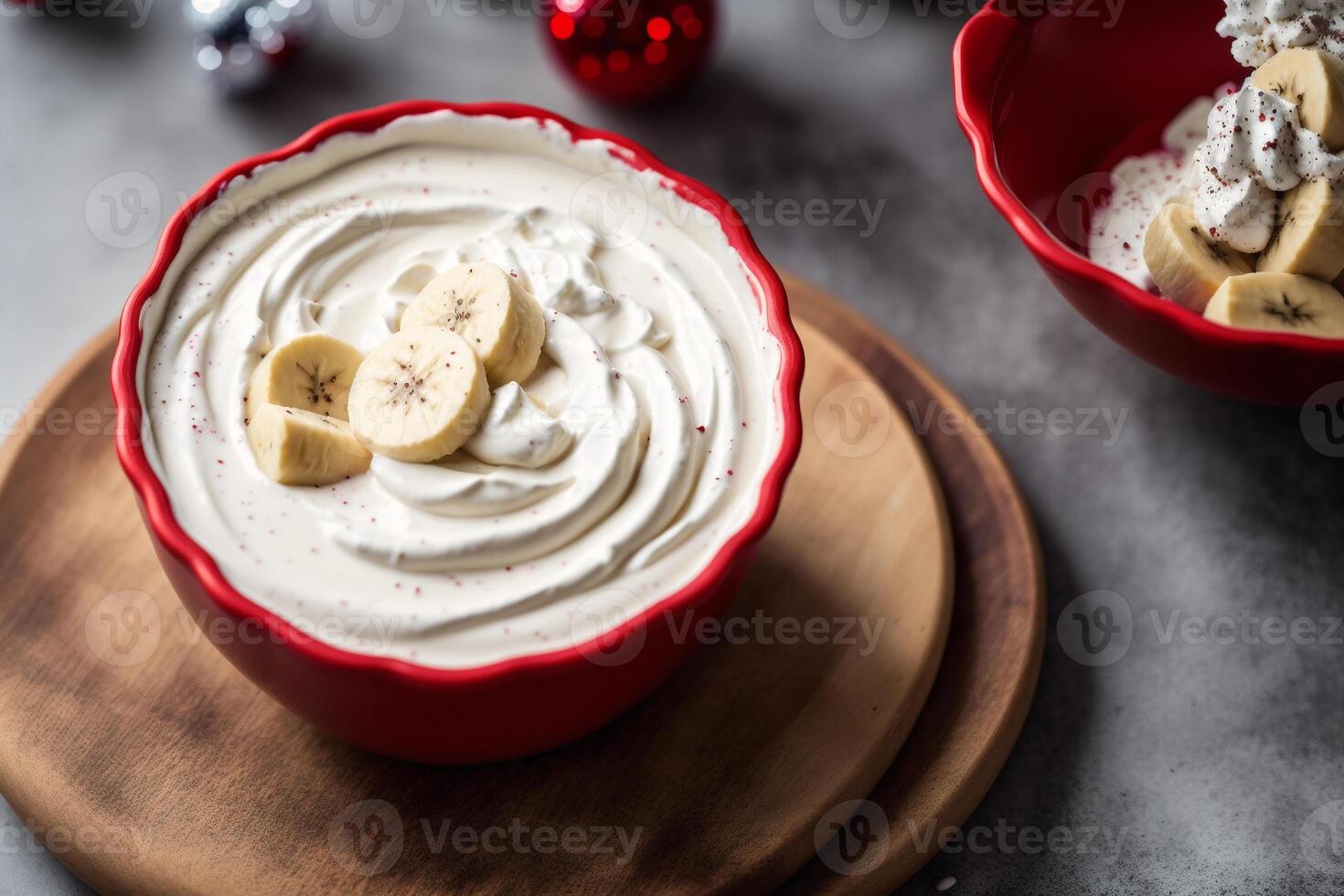 Strawberry yogurt in a white bowl.Yogurt with fresh blackberries, raspberries. photo