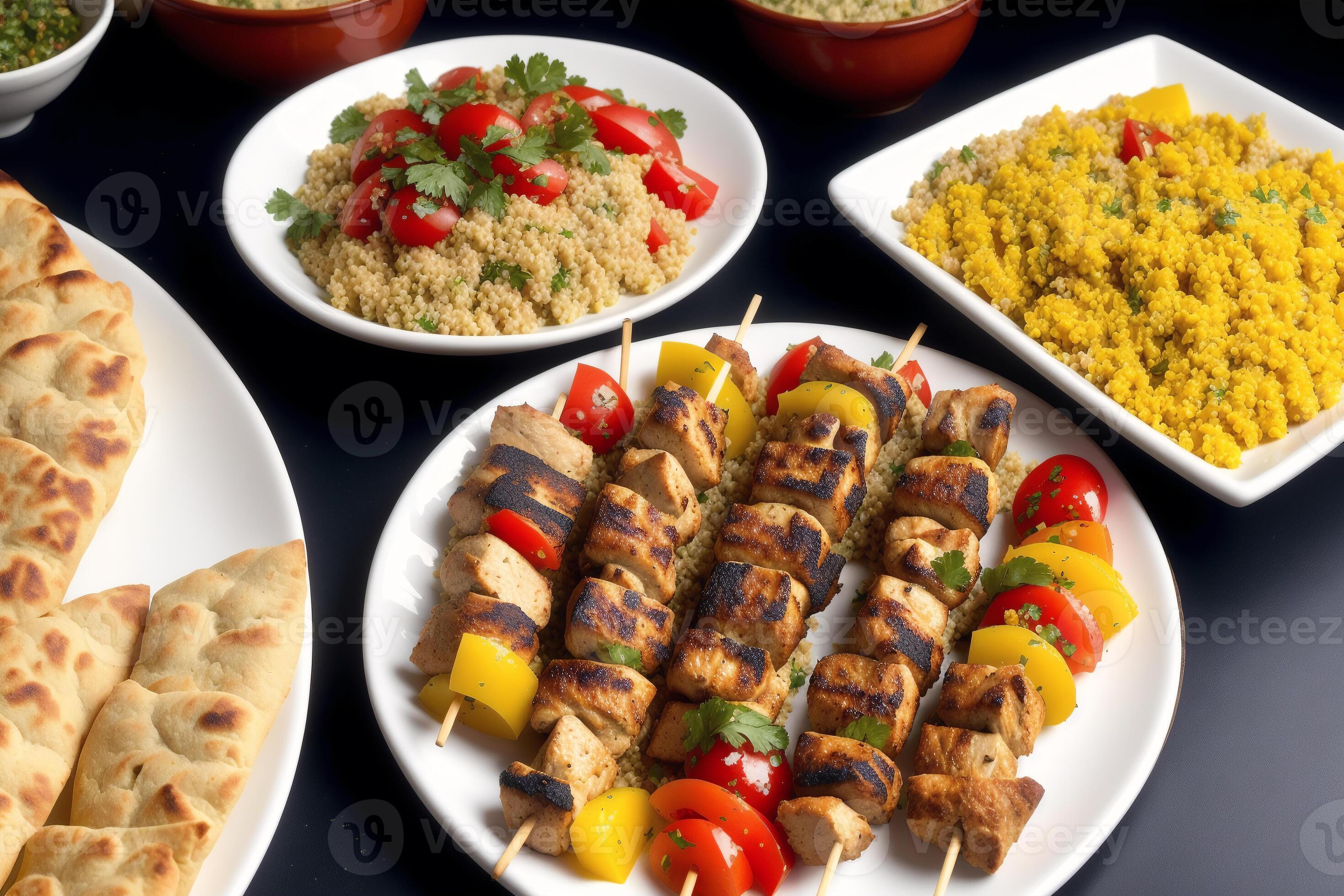 Lebanese cuisine. Chicken shish kebab on skewers served with couscous