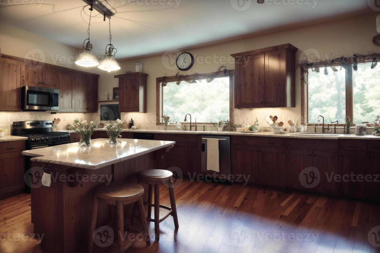 cocina interior con de madera armarios y cocina isla. generativo ai foto