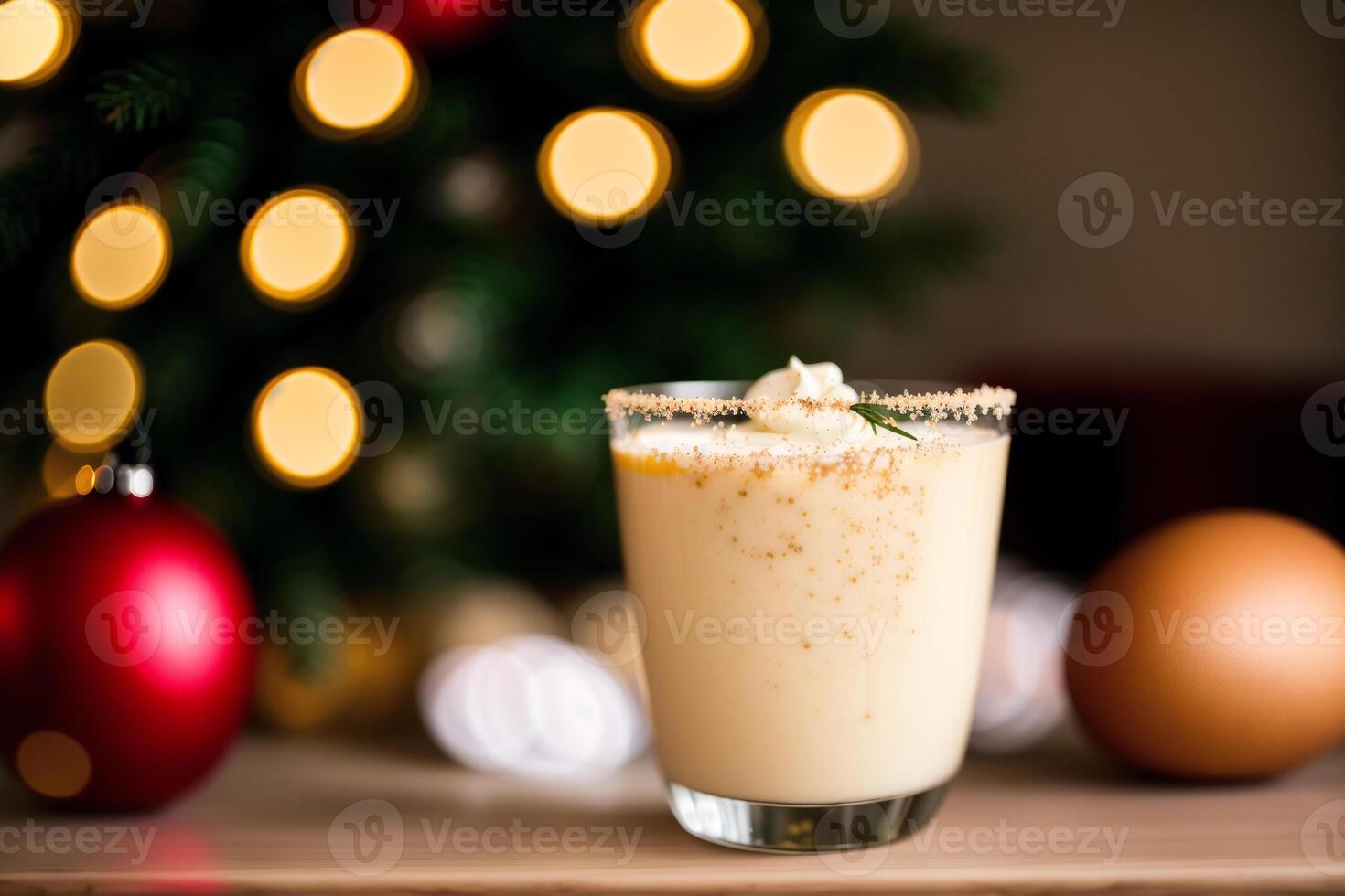 Eggnog with whipped cream and cinnamon on a Christmas background. photo
