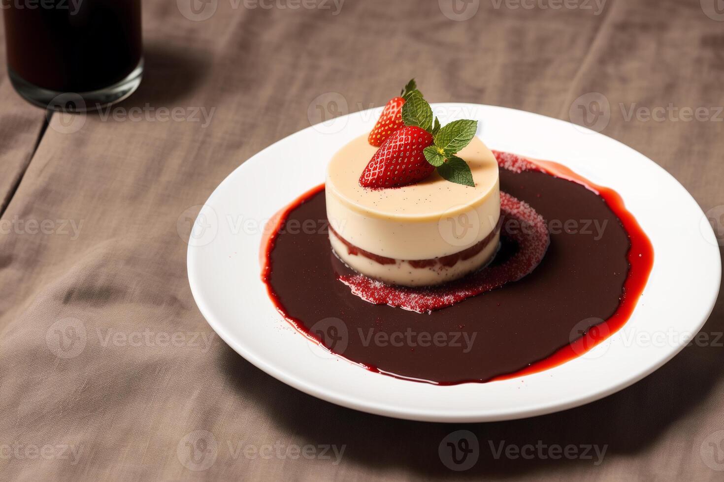 Panna cotta with berry sauce, chocolate and cocoa powder and mint. Delicious chocolate pudding with raspberry sauce. photo