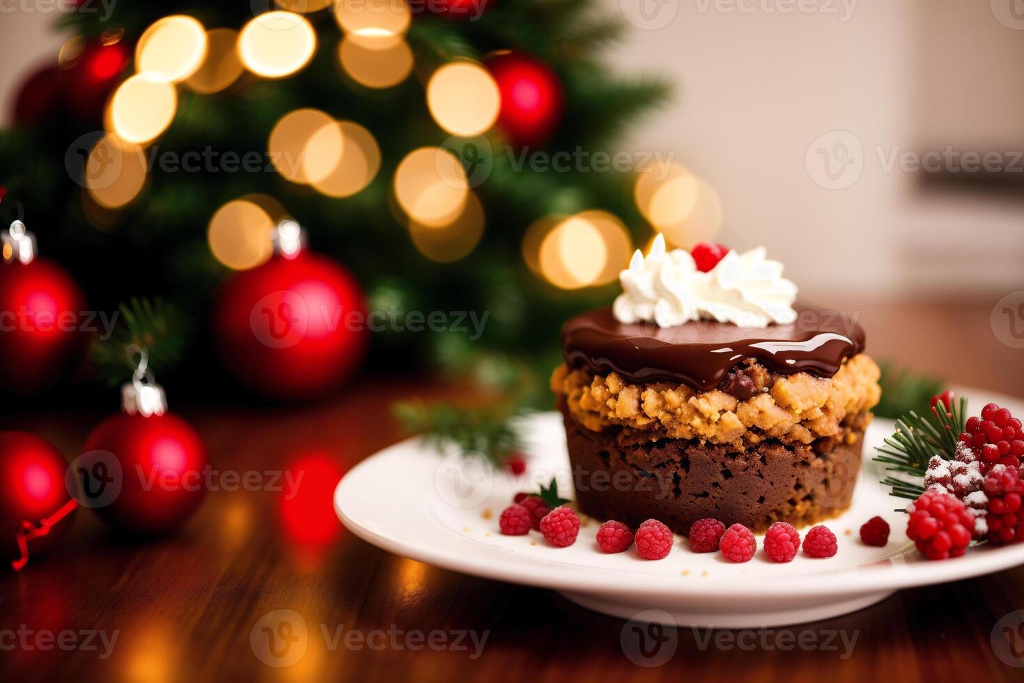 Navidad pastel con azotado crema y Fresco bayas en un de madera mesa. delicioso pudín con frambuesa salsa. generativo ai foto