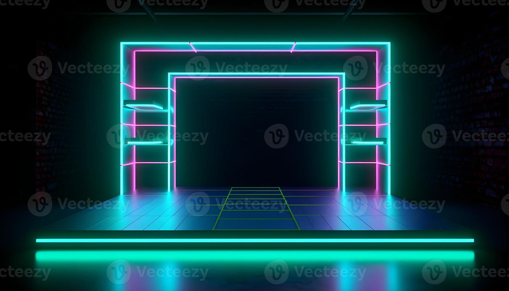 Futuristic Stage colorful neon lights stages room background and backdrop, empty podium for Product Display or Presentations, abstract modern, Perfect for Showcases and Modern Projects. 3D Rendering. photo