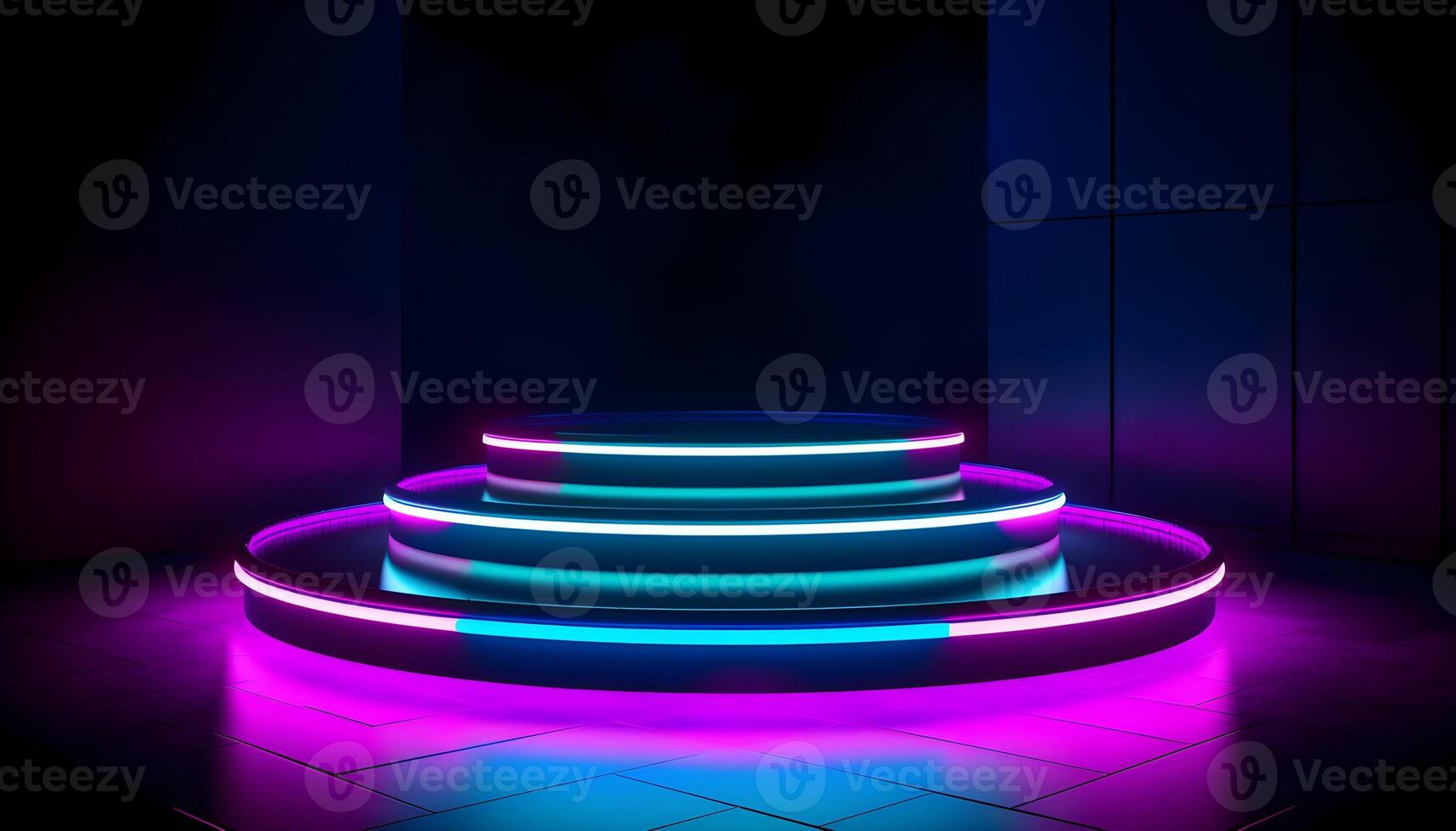 Futuristic Stage colorful neon lights stages room background and backdrop, empty podium for Product Display or Presentations, abstract modern, Perfect for Showcases and Modern Projects. 3D Rendering. photo