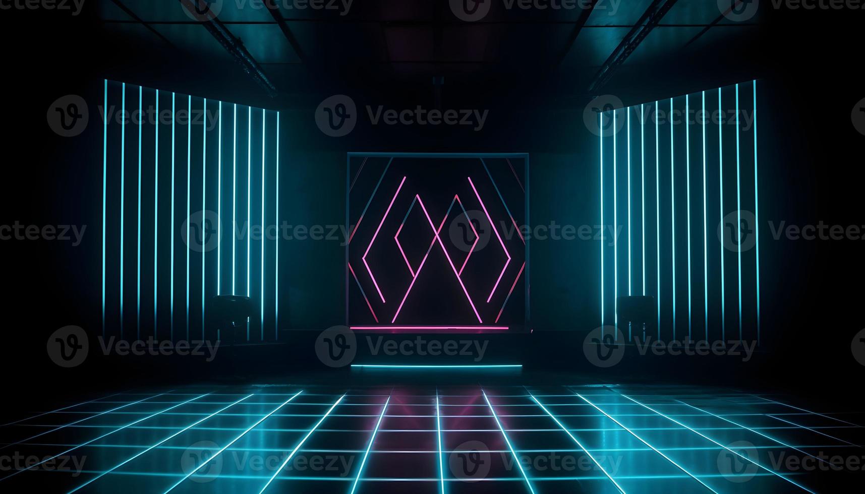 Futuristic Stage colorful neon lights stages room background and backdrop, empty podium for Product Display or Presentations, abstract modern, Perfect for Showcases and Modern Projects. 3D Rendering. photo