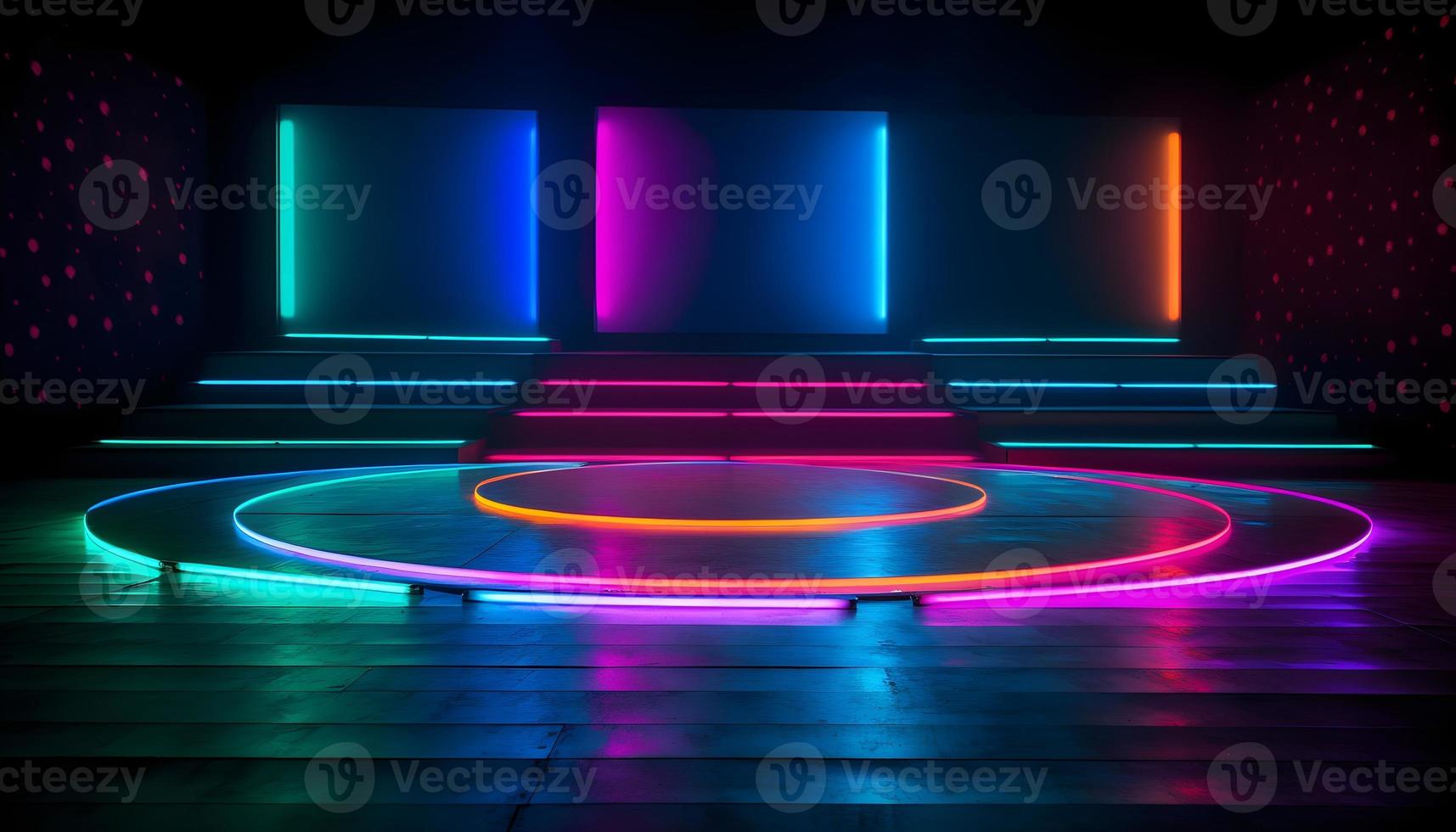 Futuristic Stage colorful neon lights stages room background and backdrop, empty podium for Product Display or Presentations, abstract modern, Perfect for Showcases and Modern Projects. 3D Rendering. photo