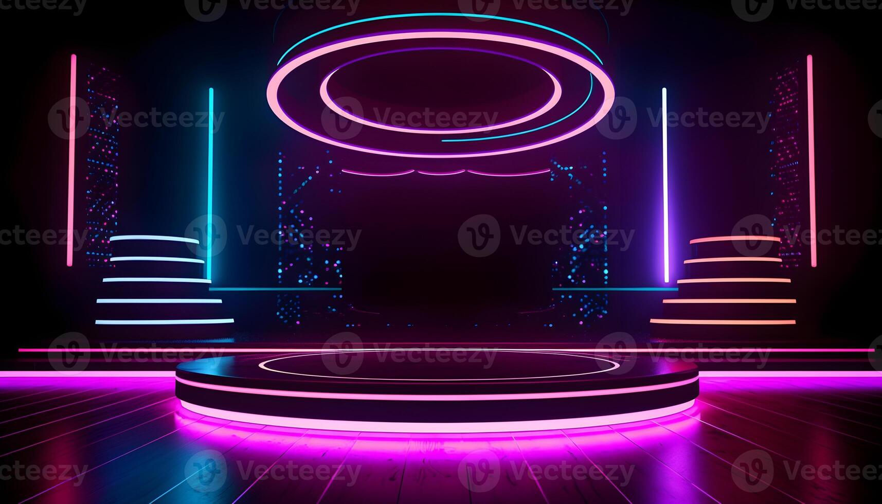 Futuristic Stage colorful neon lights stages room background and backdrop, empty podium for Product Display or Presentations, abstract modern, Perfect for Showcases and Modern Projects. 3D Rendering. photo