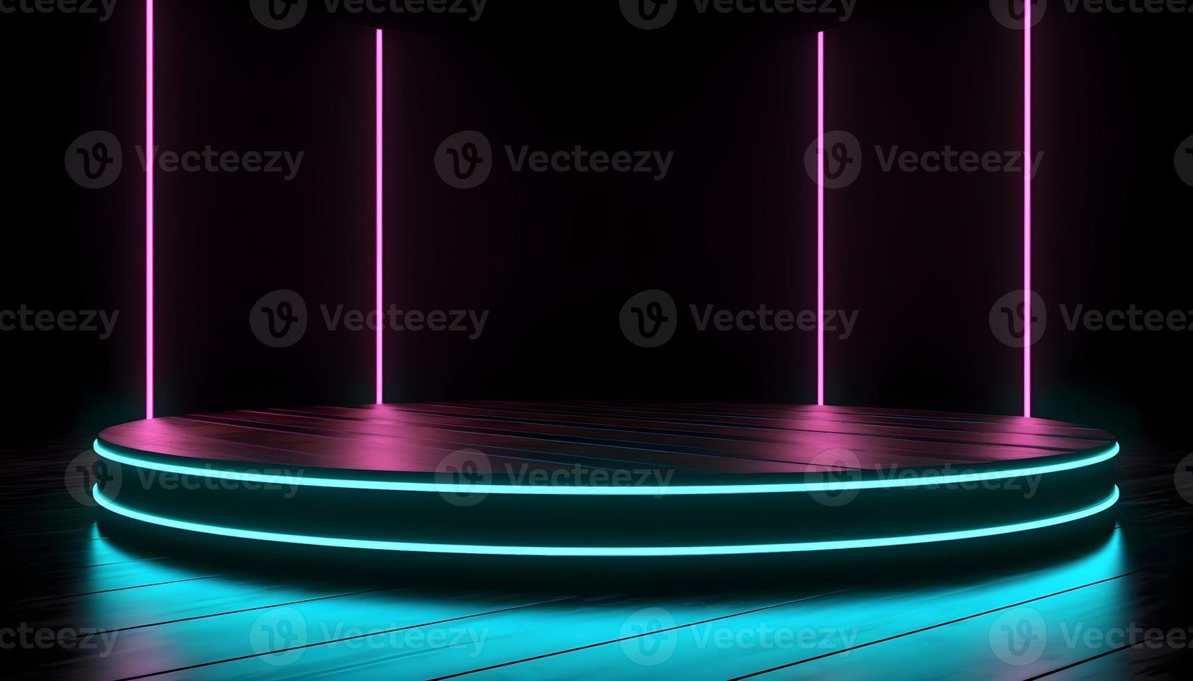 Futuristic Stage colorful neon lights stages room background and backdrop, empty podium for Product Display or Presentations, abstract modern, Perfect for Showcases and Modern Projects. 3D Rendering. photo