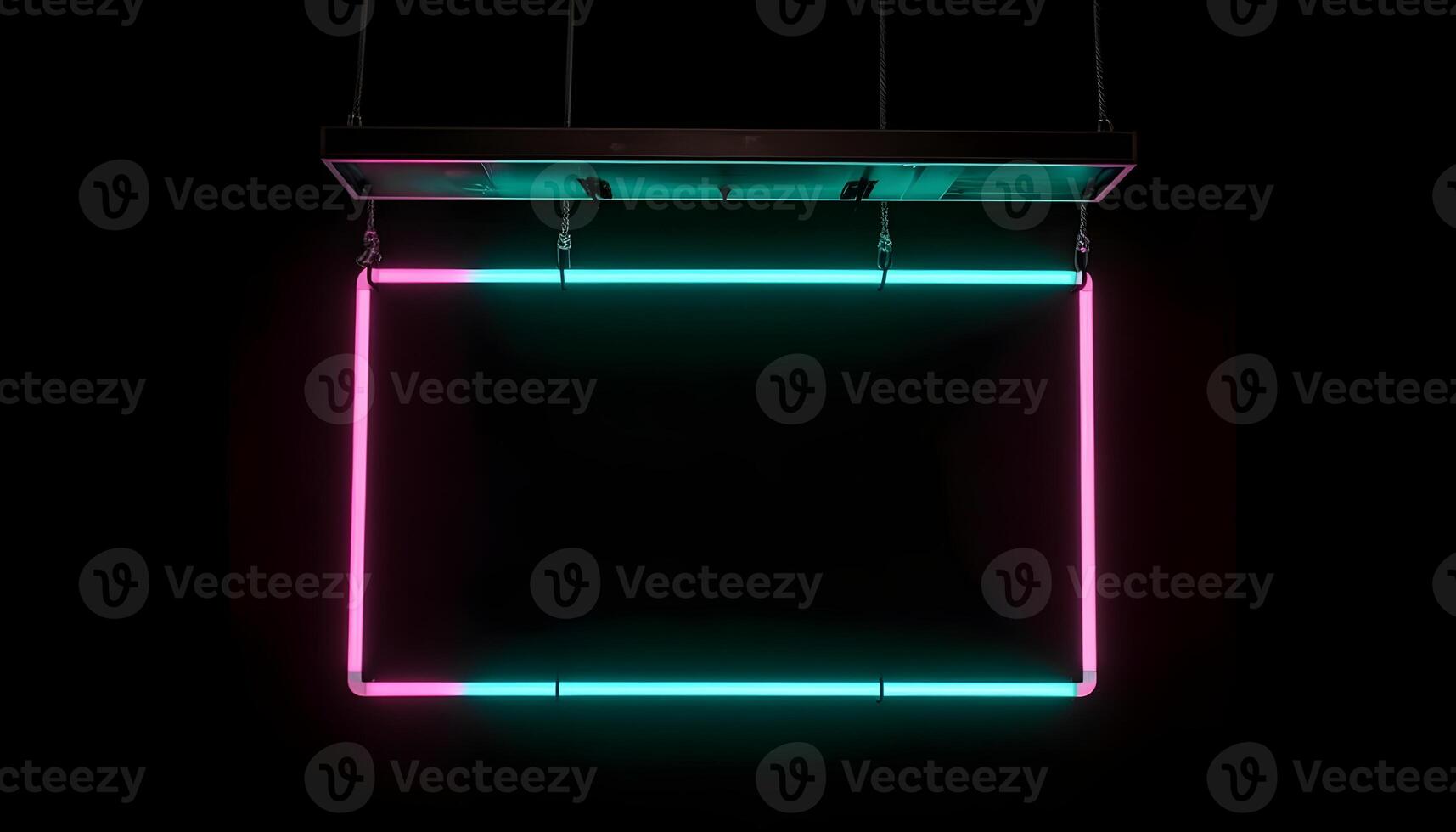 Hanging bright pink and green rectangle neon light sign, background and backdrop and some negative space at the center. photo