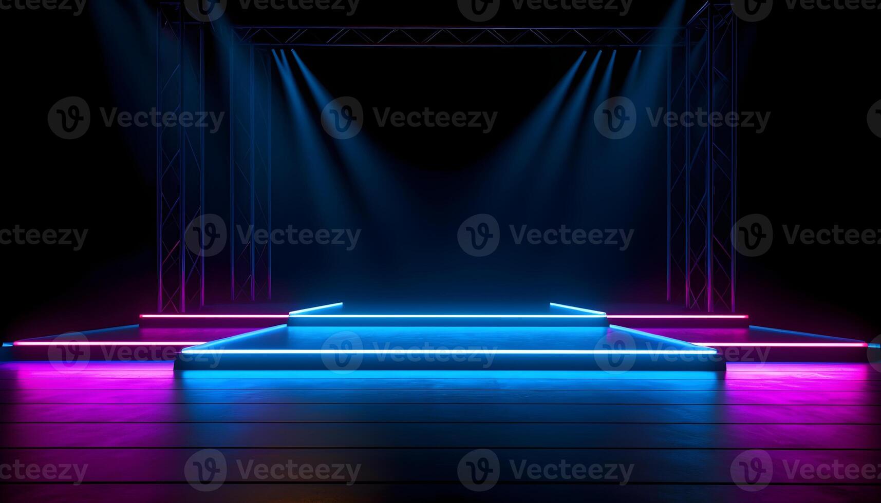 Futuristic Stage colorful neon lights stages room background and backdrop, empty podium for Product Display or Presentations, abstract modern, Perfect for Showcases and Modern Projects. 3D Rendering. photo