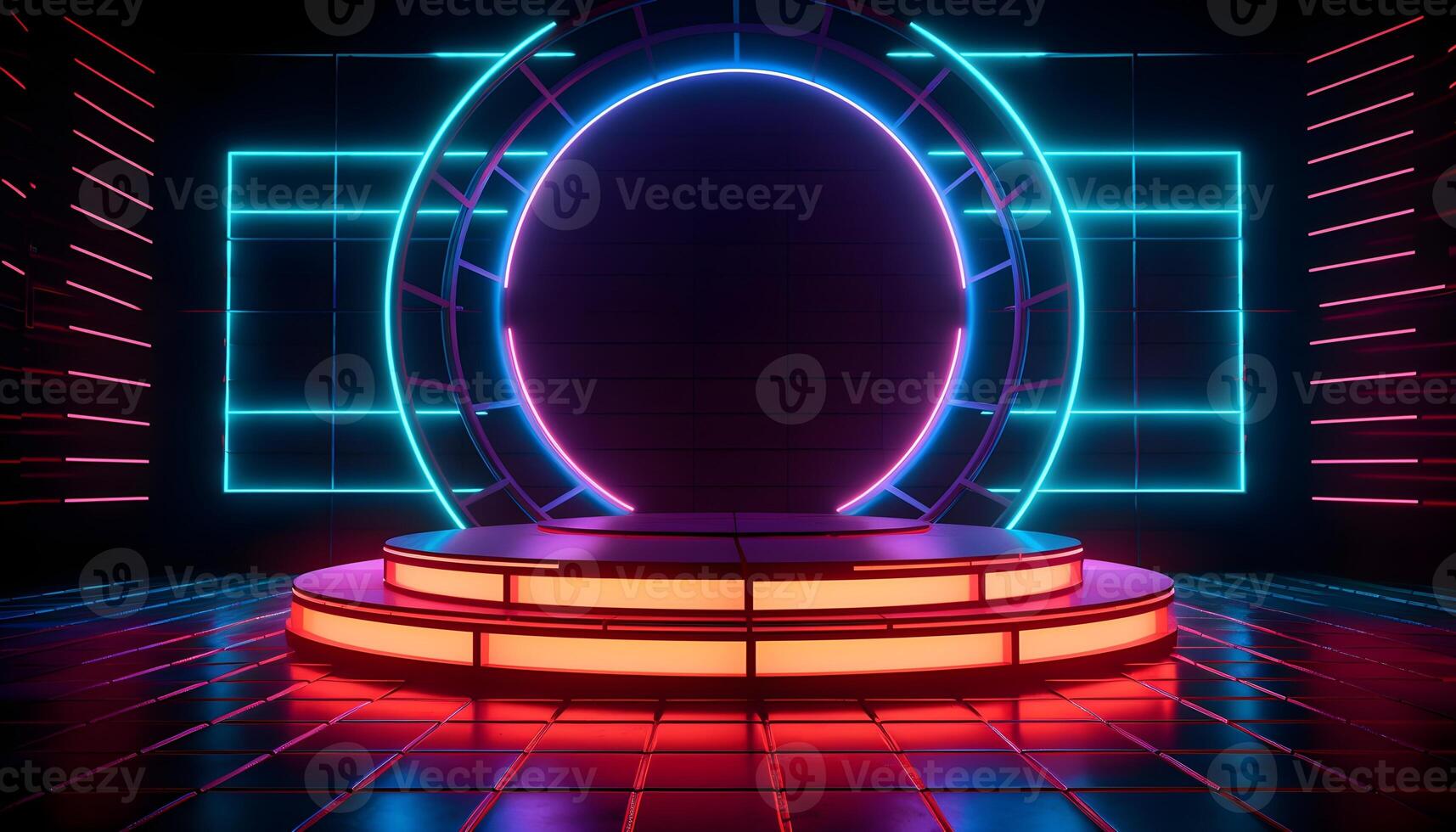 Futuristic Stage colorful neon lights stages room background and backdrop, empty podium for Product Display or Presentations, abstract modern, Perfect for Showcases and Modern Projects. 3D Rendering. photo