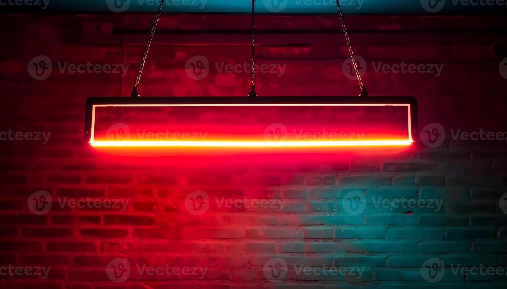 Hanging bright red rectangle neon light sign, background and backdrop and some negative space at the center. photo