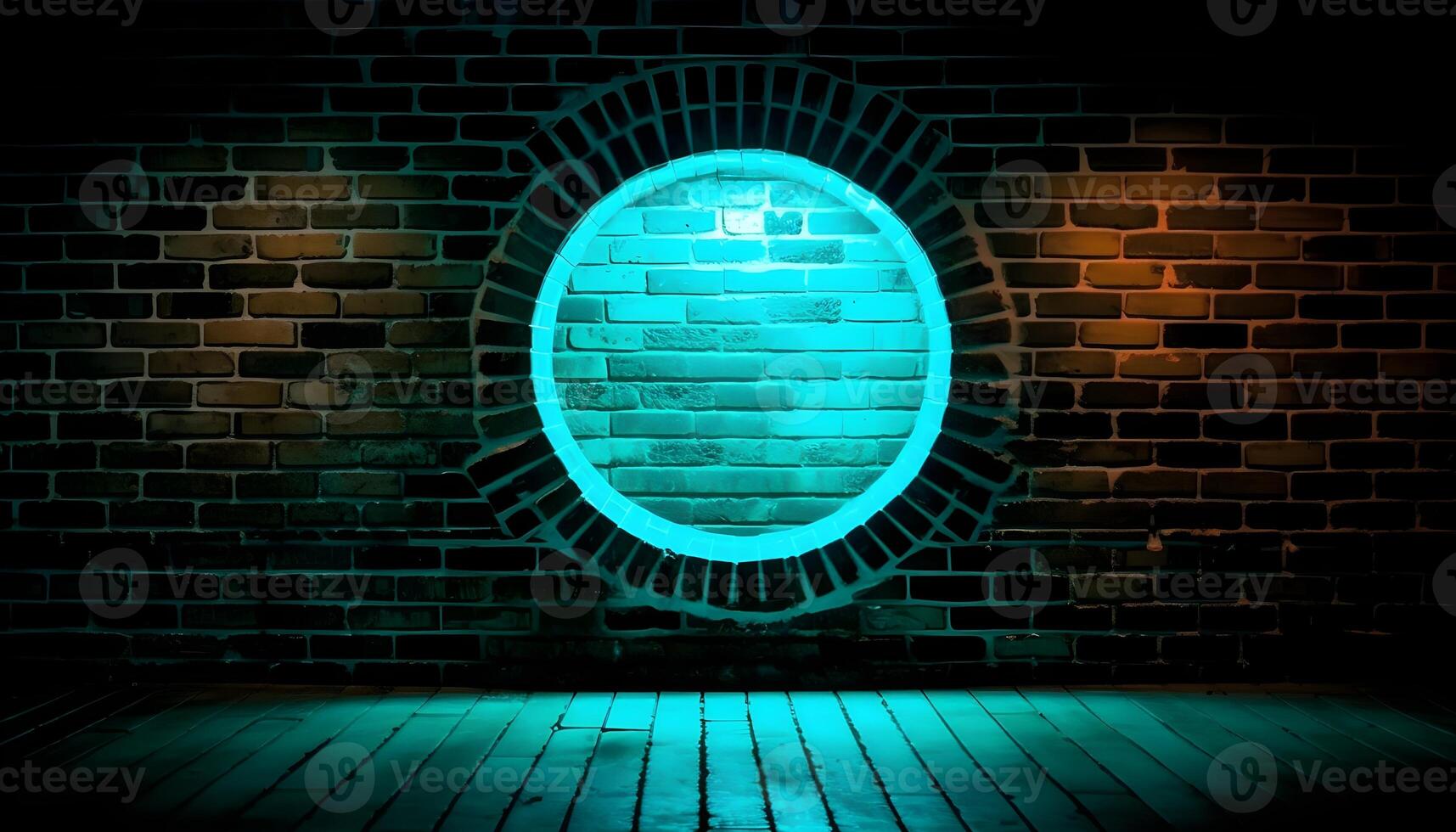 Bright circle neon light brick wall background and backdrop and some negative space. photo