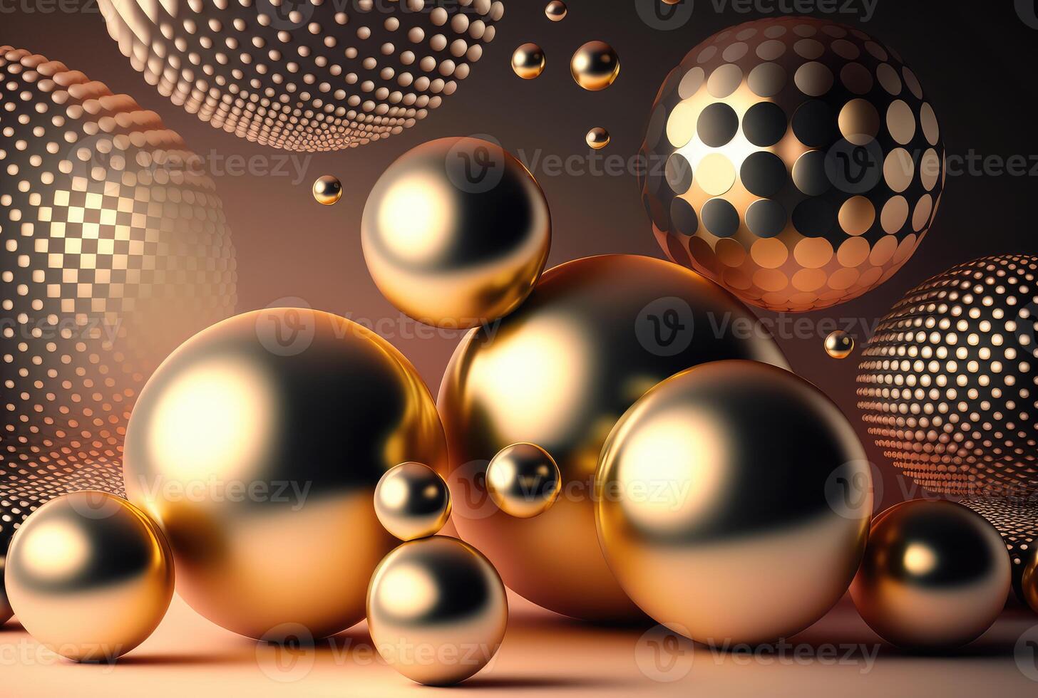 Golden glossy 3d spheres abstract background. photo
