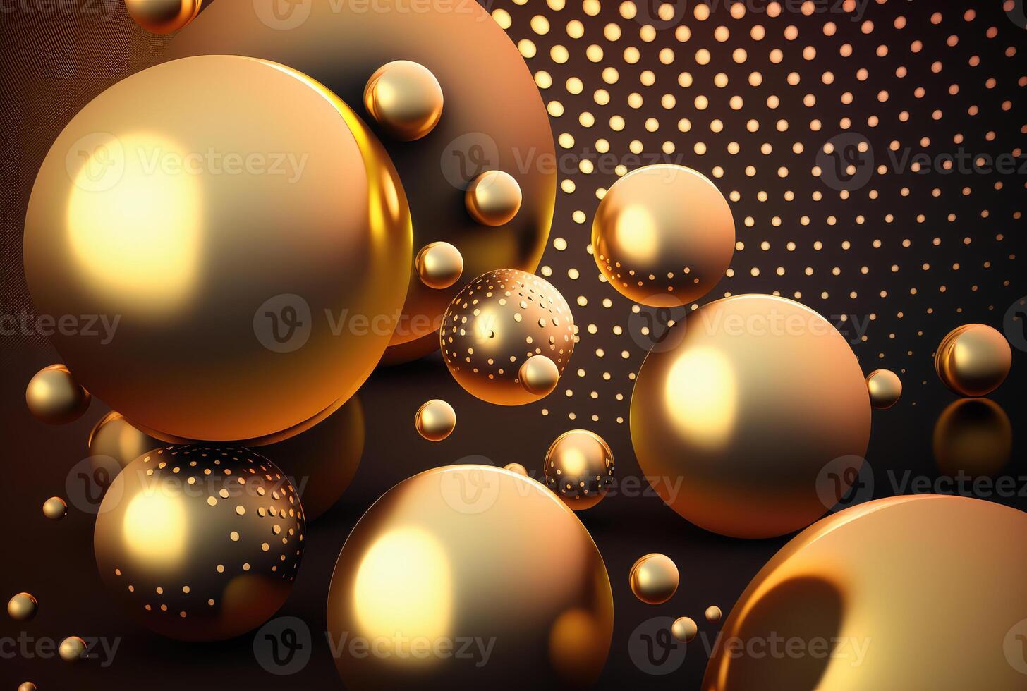 Golden glossy 3d spheres abstract background. photo