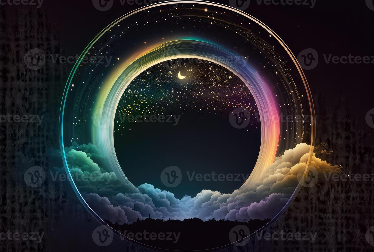 Neon holographic circle in night starry cloudy sky. photo