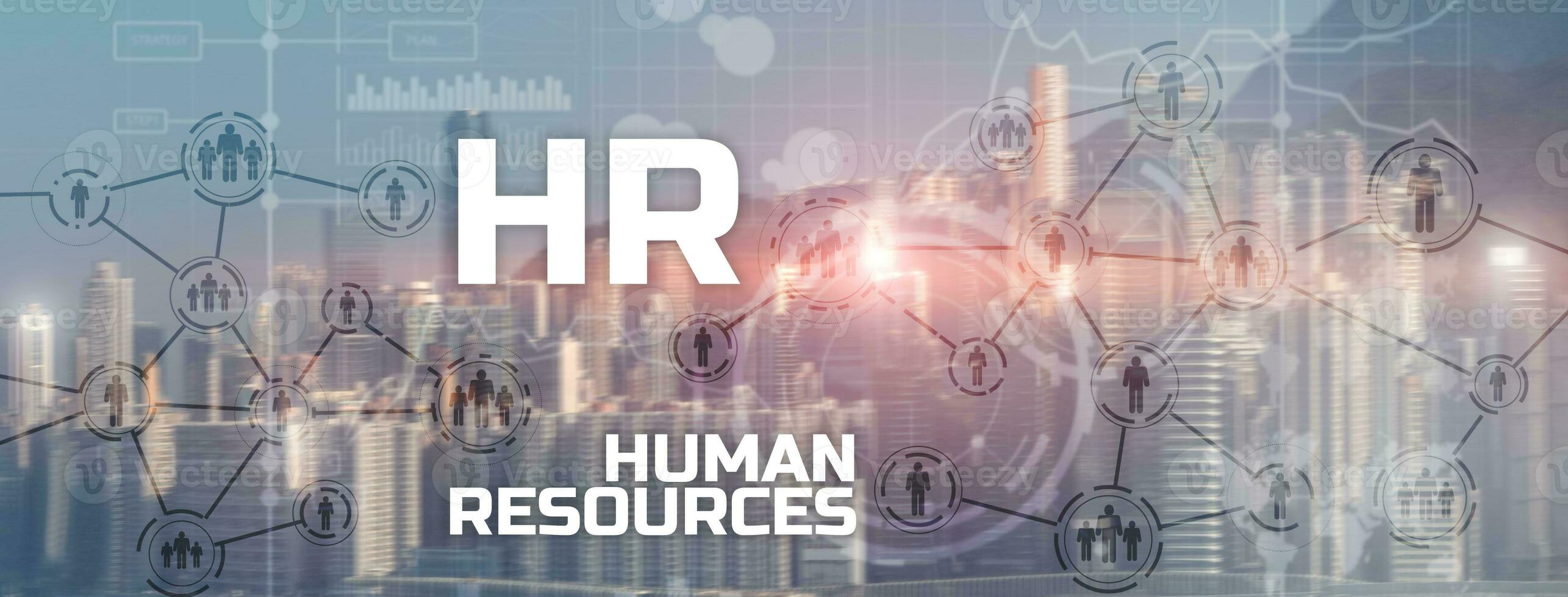 HR - Human resources management and recruitment concept on modern city. Double exposure people network structure photo