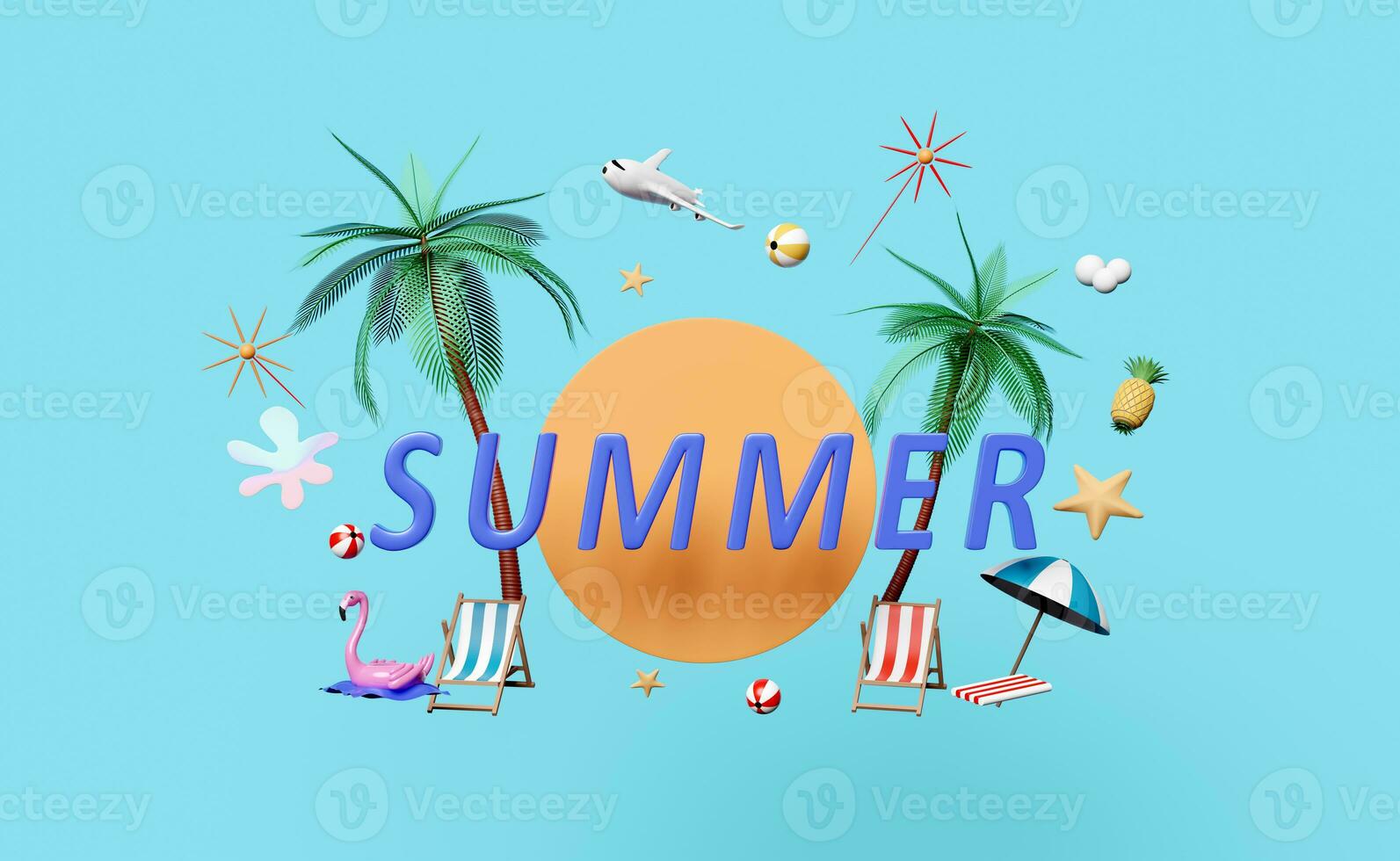 summer travel with beach chair, ball, umbrella, plane, inflatable flamingo, coconut palm tree, starfish, pineapple isolated on blue. abstract background, 3d illustration or 3d render photo