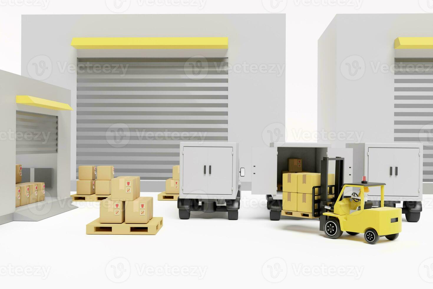 building warehouse with forklift for import export, goods cardboard box, pallet, truck isolated on white background. logistic service concept, 3d illustration render photo