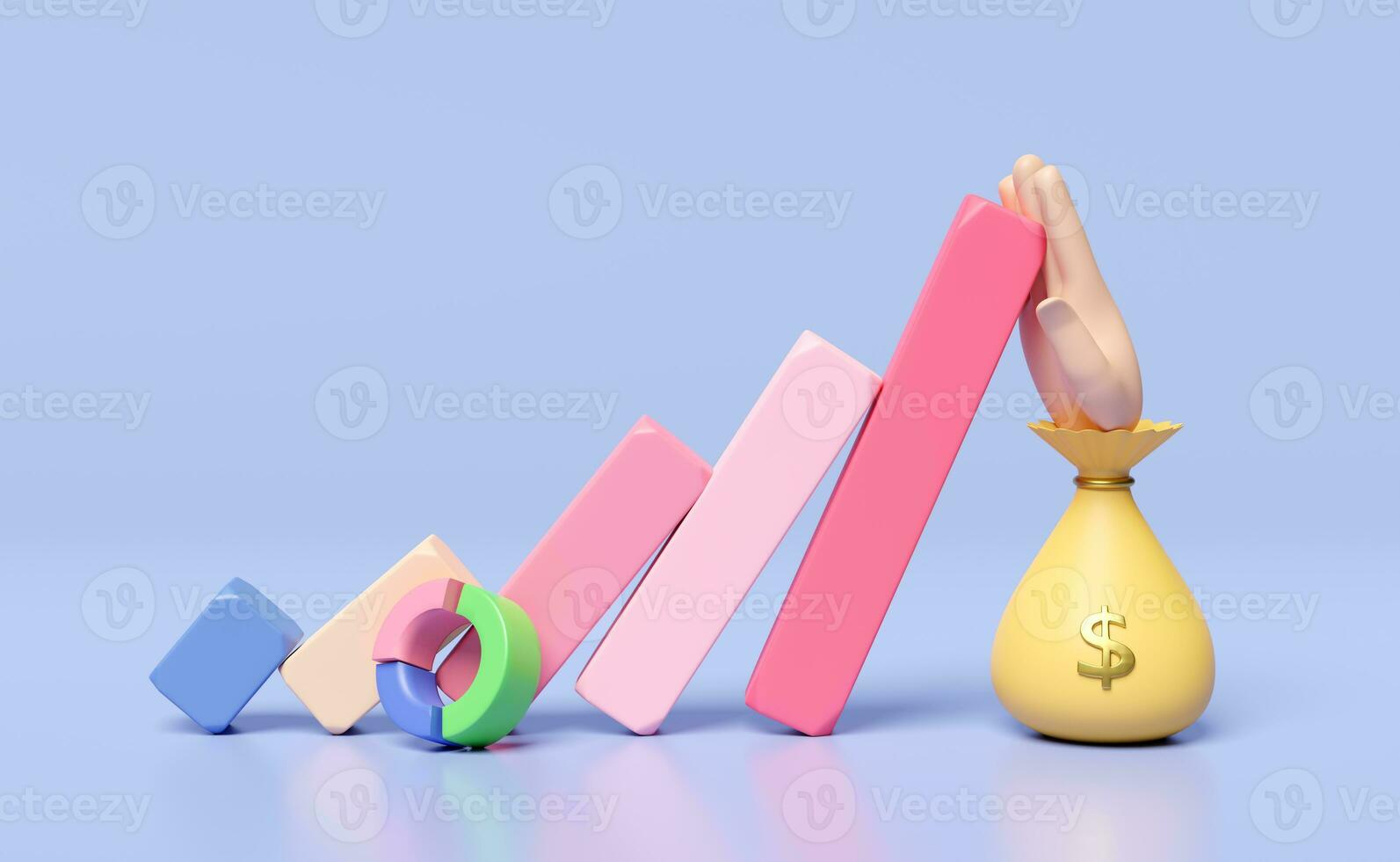 3D charts and graph domino with hand stop, money bag isolated on blue background. quick credit approval, loan approval, business growth, strategy concept, 3d render illustration, clipping path photo