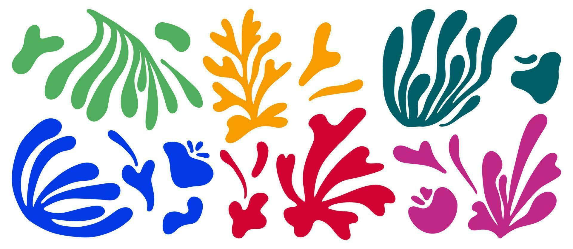 Matisse abstract floral algae shapes in trendy contemporary organic style. composition Doodle painted aestethic flower and leaf. Botanic vector illustration in vibrant color on the white background.