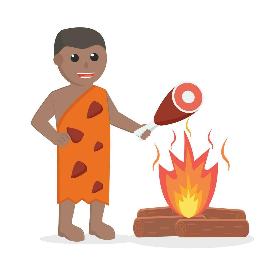 cueva hombre africano quemar carne diseño personaje en blanco antecedentes vector