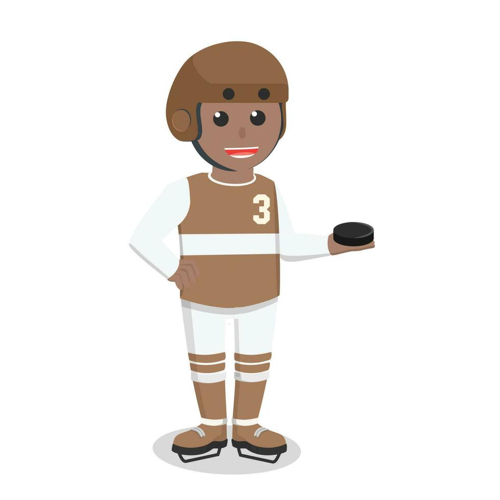 hockey jugador africano participación disco diseño personaje en blanco antecedentes vector