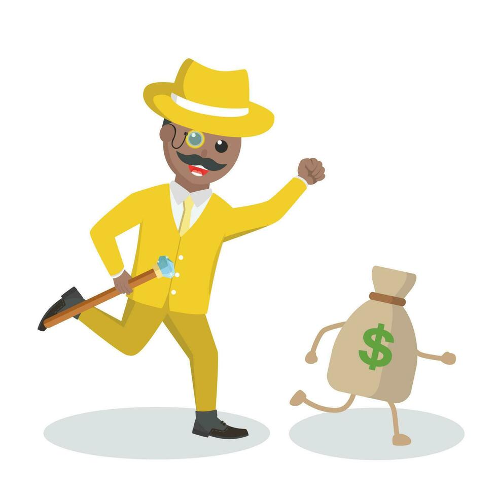 Rico africano hombre persiguiendo dinero diseño personaje en blanco antecedentes vector