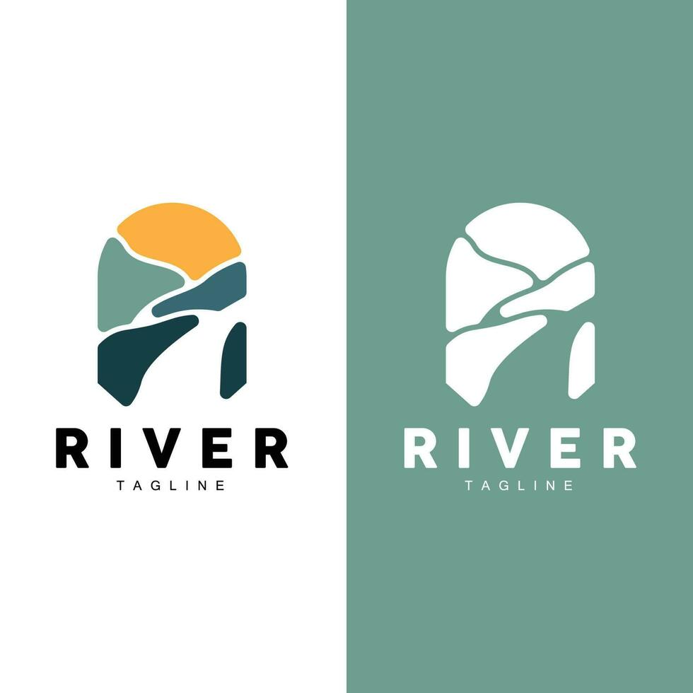 River Logo, Streamer Vector, River Bank, Mountains And Farm Design, Illustration Symbol Icon vector