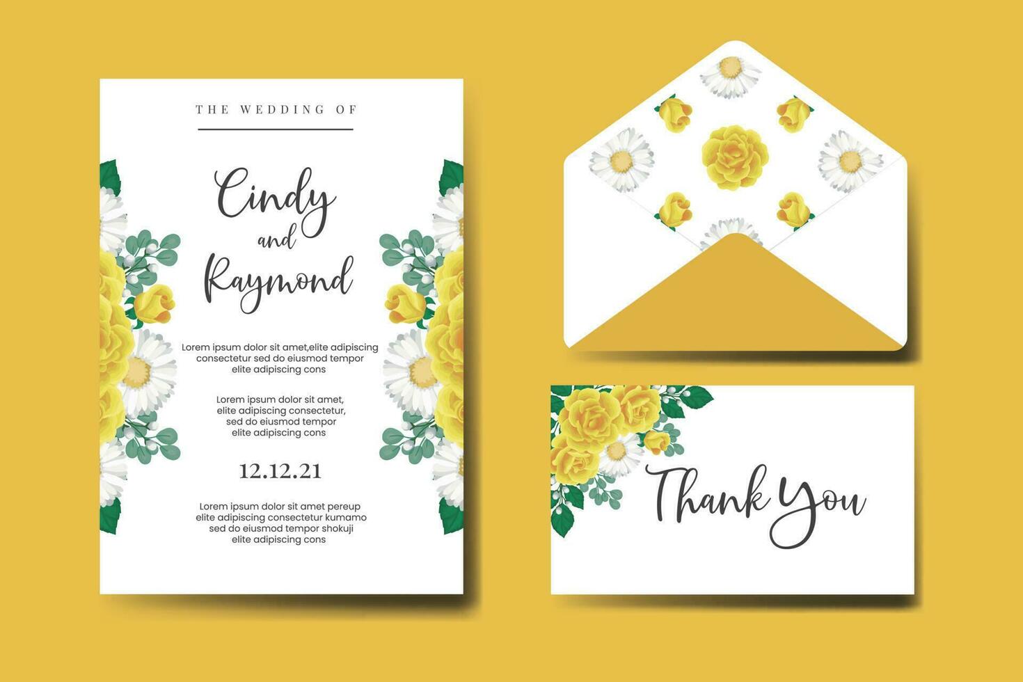 Wedding invitation frame set, floral watercolor Digital hand drawn Yellow Rose Flower design Invitation Card Template vector