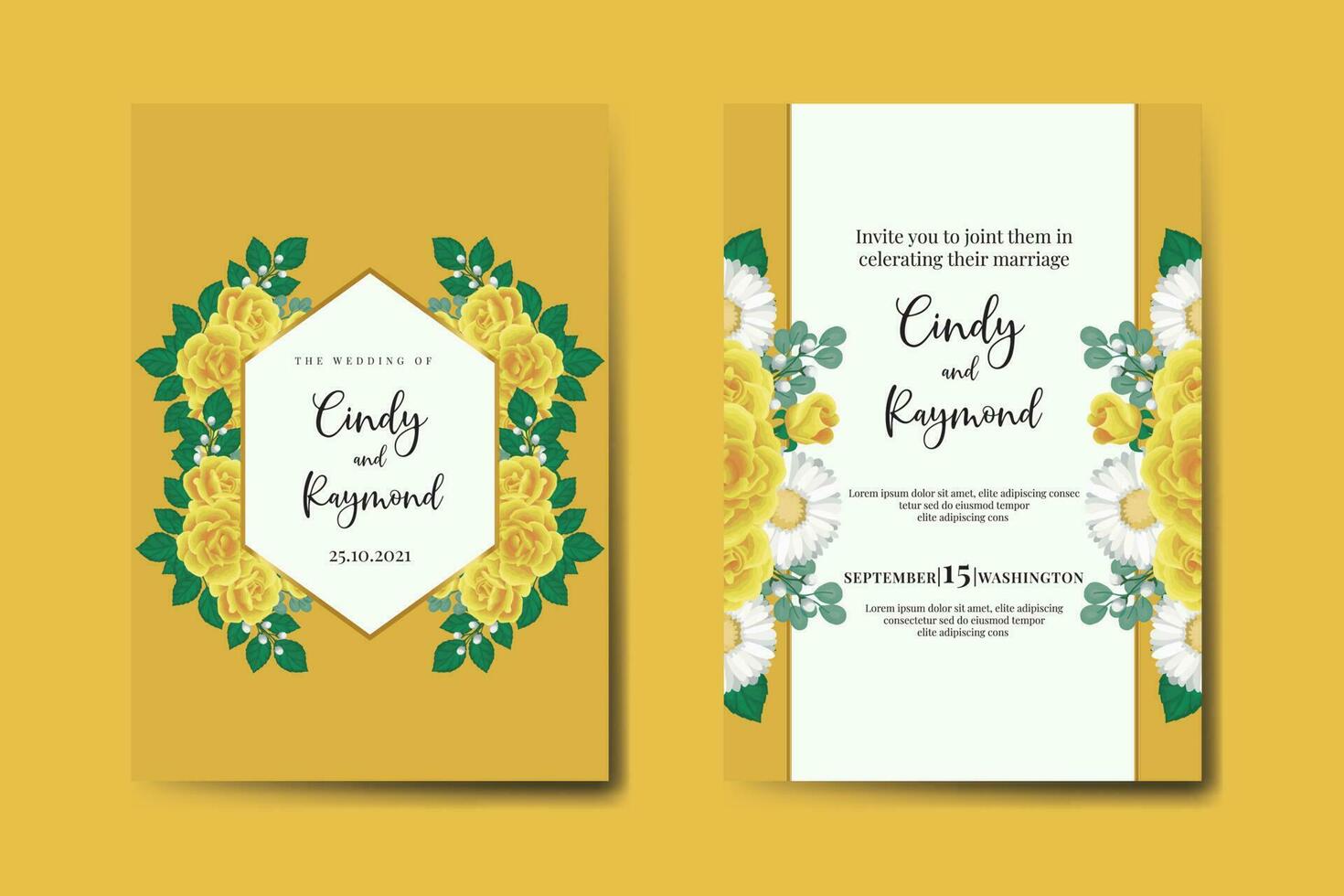 Wedding invitation frame set, floral watercolor Digital hand drawn Yellow Rose Flower design Invitation Card Template vector