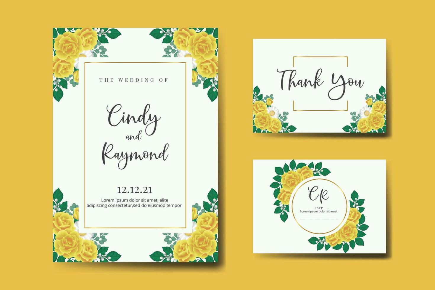 Wedding invitation frame set, floral watercolor Digital hand drawn Yellow Rose Flower design Invitation Card Template vector