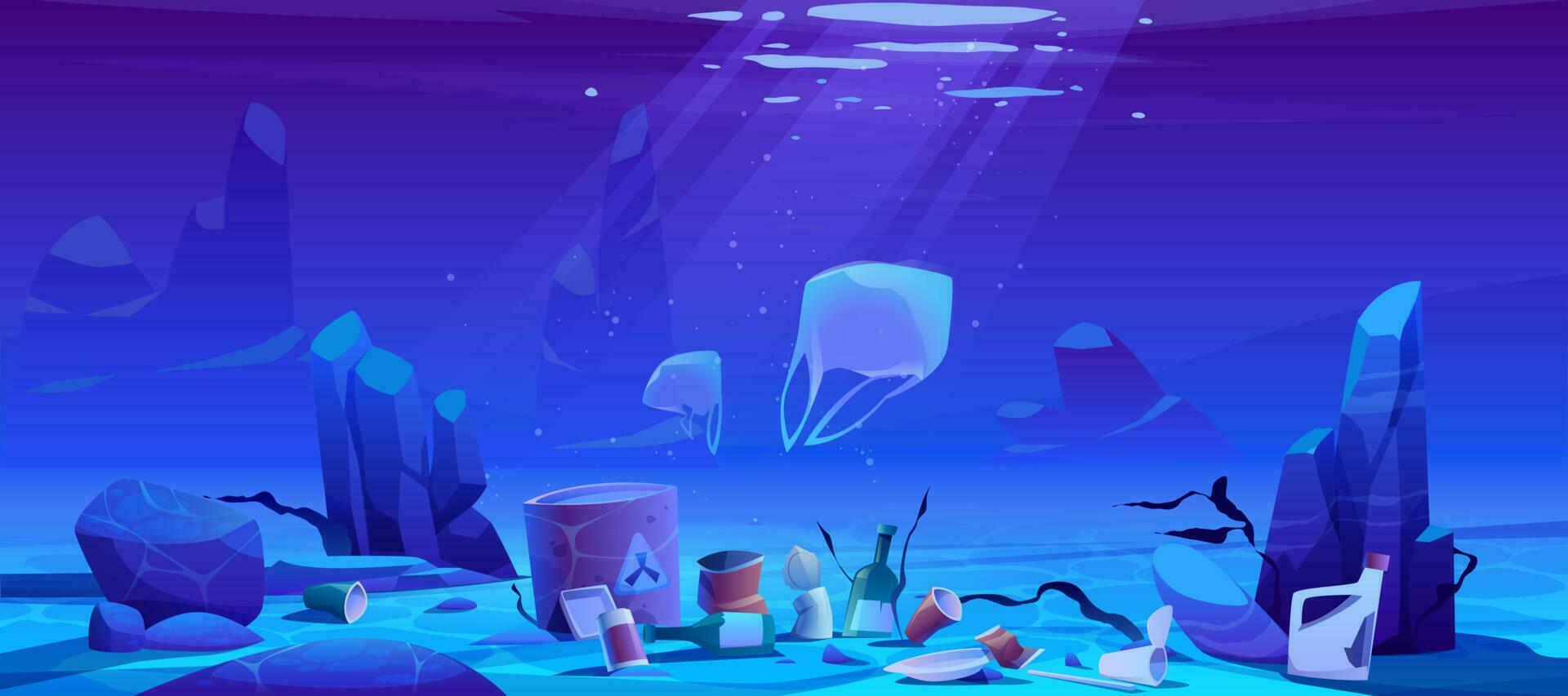 Pollution sea by plastic trash, garbage underwater vector