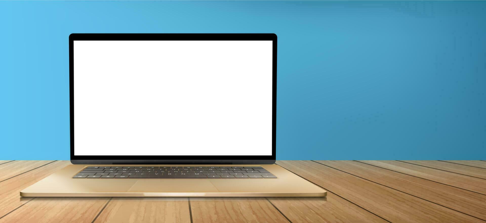 Laptop computer with white screen on wooden table vector