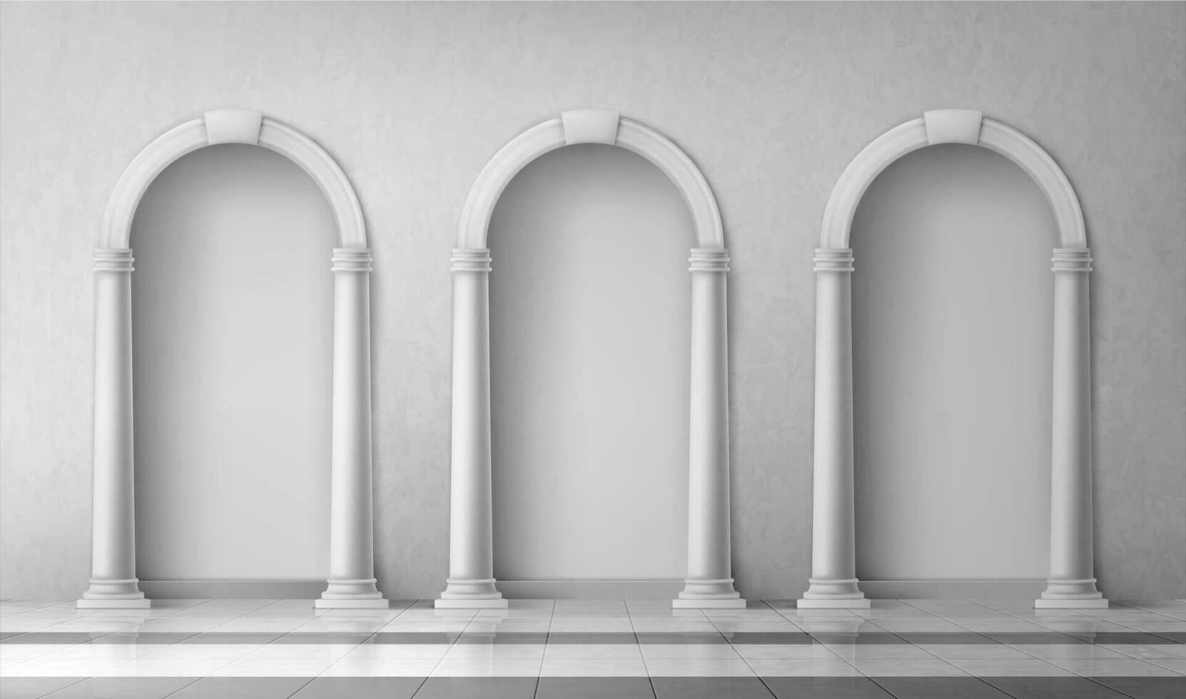 Arches with columns in wall, gates with pillars vector