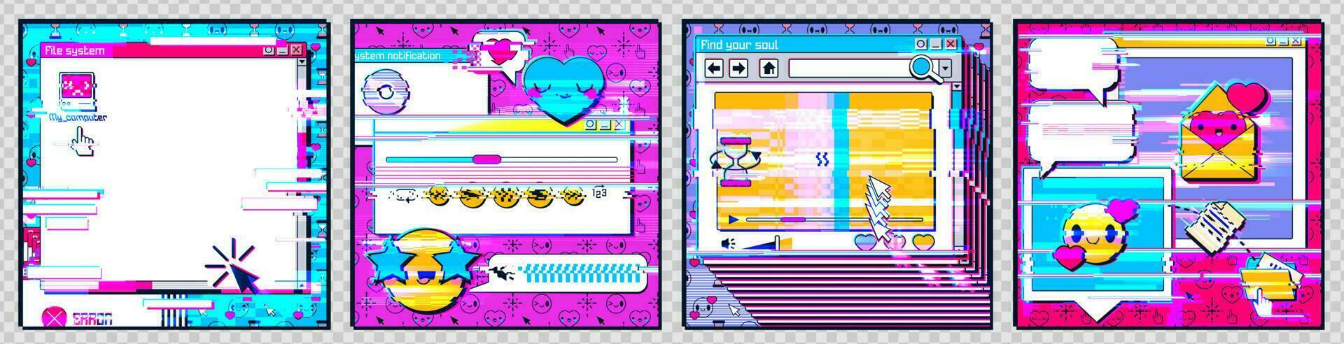 Social media posts, computer interface with glitch vector