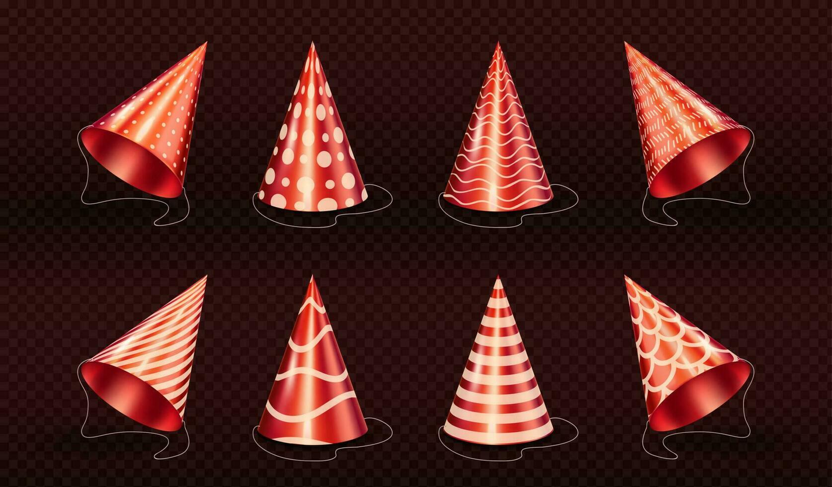 Realistic 3D set of red party hats on dark vector