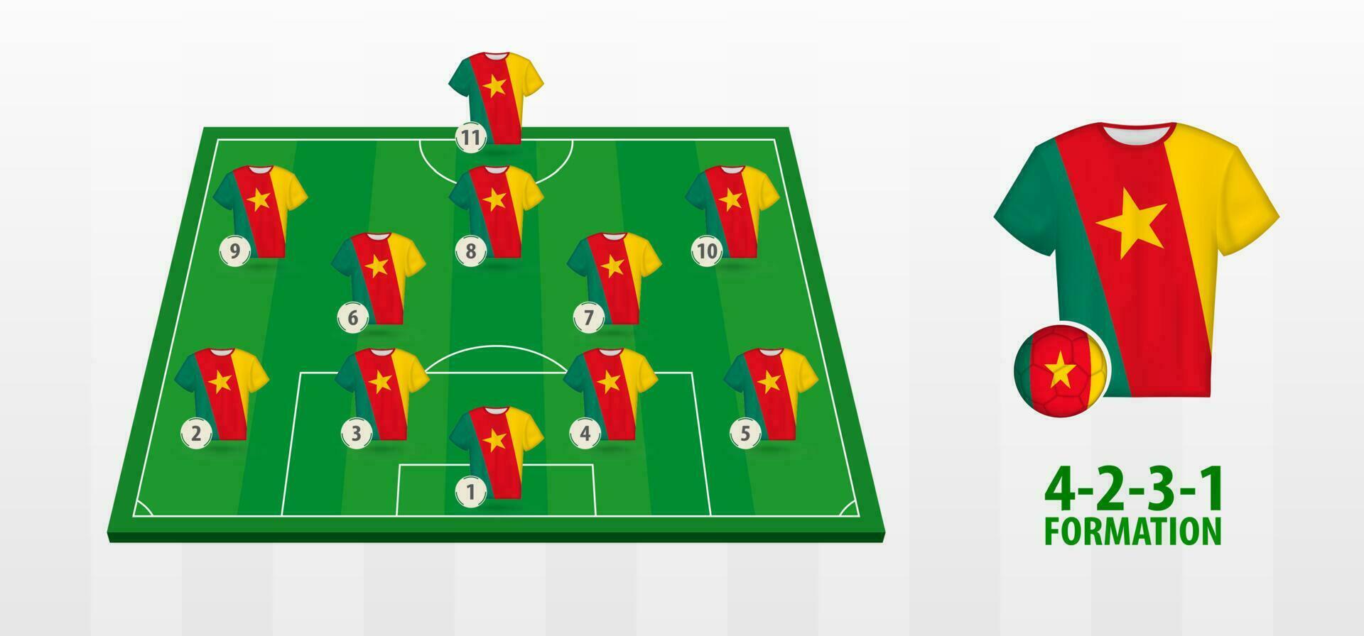 Cameroon National Football Team Formation on Football Field. vector