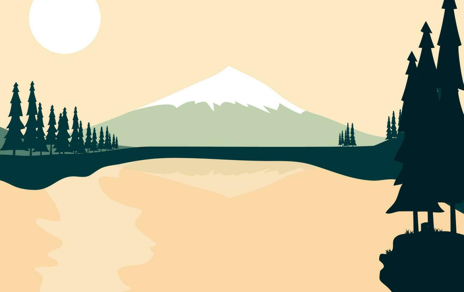 Beautiful vector landscape illustration, Peaceful sunrise over mountains, ocean and forest. Travel, hiking, outdoors and adventure concept. Use as background or wallpaper.