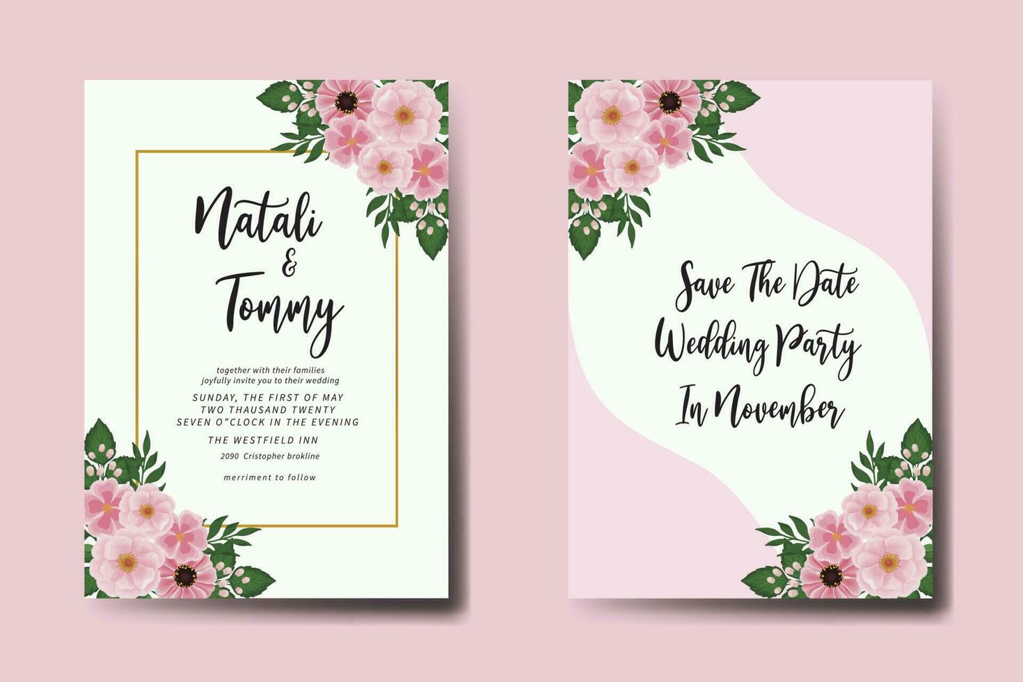 Boda invitación marco colocar, floral acuarela digital mano dibujado rosado flor diseño invitación tarjeta modelo vector