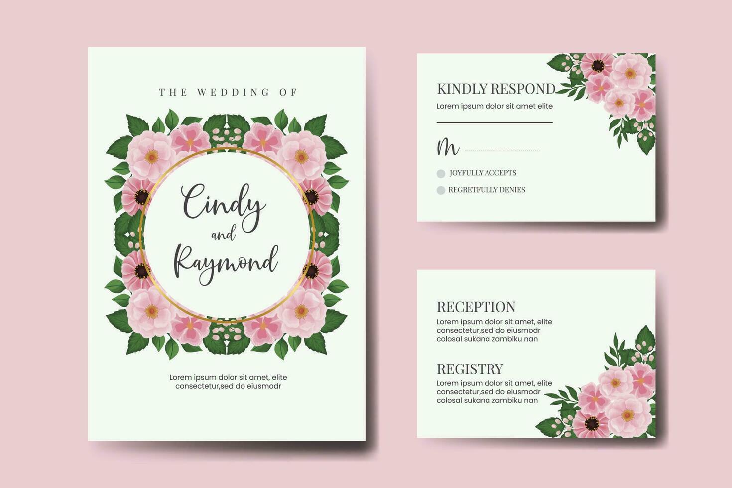 Wedding invitation frame set, floral watercolor Digital hand drawn Pink Flower design Invitation Card Template vector