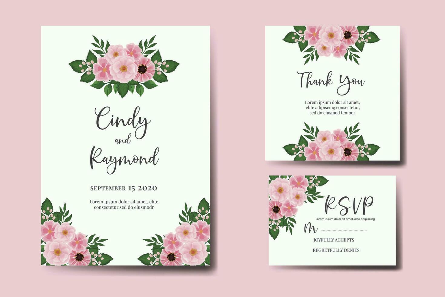 Wedding invitation frame set, floral watercolor Digital hand drawn Pink Flower design Invitation Card Template vector