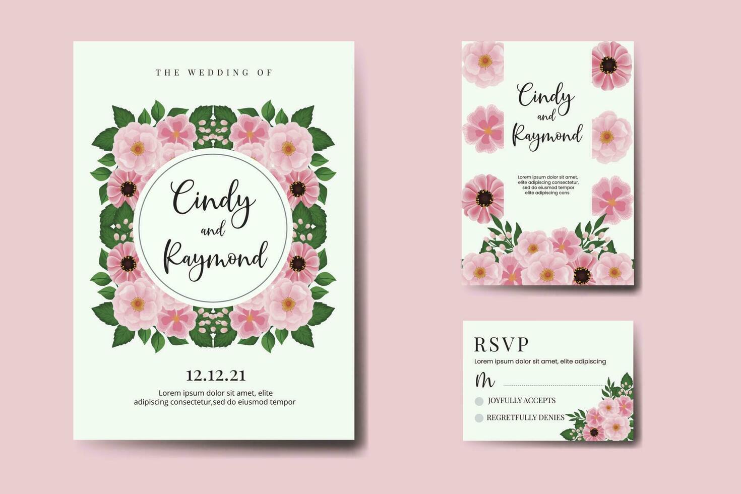 Wedding invitation frame set, floral watercolor Digital hand drawn Pink Flower design Invitation Card Template vector