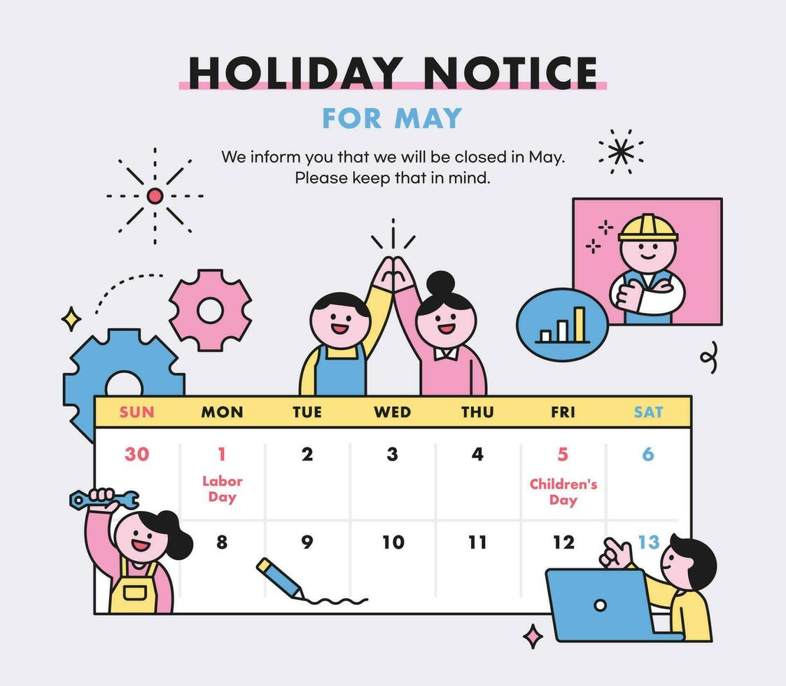 Labor Day. holiday calendar. Cute worker characters. Poster, webpage template. people who are working. vector