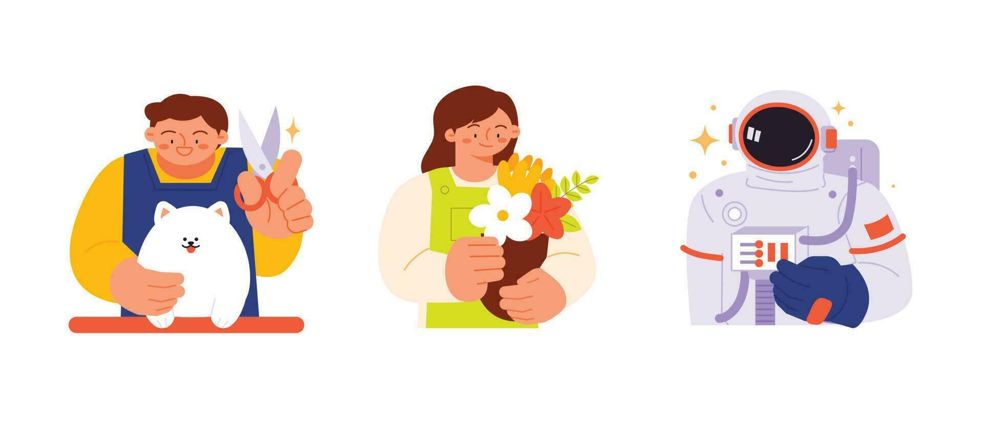 Labor Day. people who are working. Pet hairdresser, florist, astronaut. vector