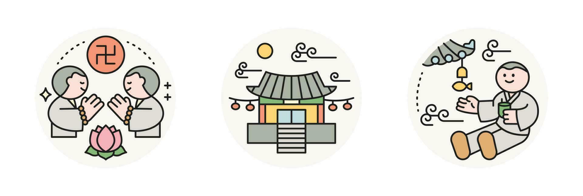 Buddhas Birthday. A monk praying, a quiet temple, a fish bell and a monk. vector